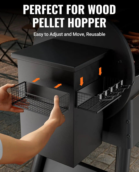 User attaching Magnetic Storage Bin For Grills And Pellet Smokers to wooden pellet hopper, showcasing heavy-duty magnetic organizer.