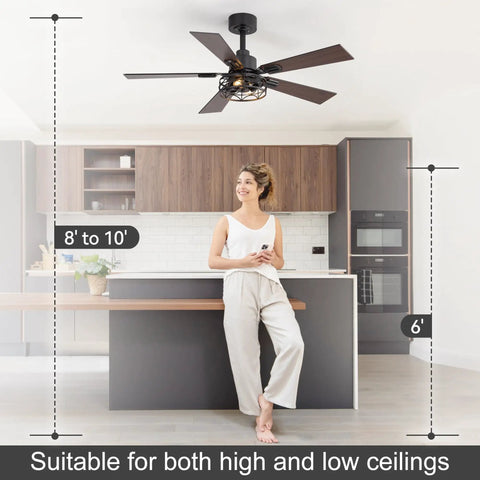 Breezary 52" Farmhouse Ceiling Fans with Lights and Remote showcased in kitchen, 6-speed DC motor for high and low ceilings.