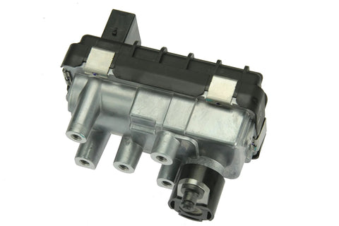 URO Parts turbo electronic actuator, aluminum body with black plastic top and four port outlets; drive shaft visible.