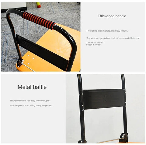Heavy Duty Folding Platform Hand Truck With Wheels And Textured Plastic Deck, Metal Handle For Easy Hauling, handle and metal baffle close-up