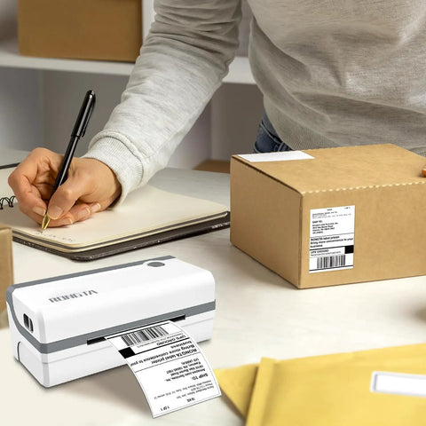 Bluetooth Thermal Shipping Label Printer For 4x6 Labels, Wireless Sticker Printer For Shipping Packages, shown printing label.