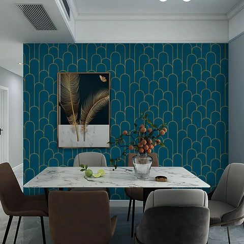 Dining room with Blue Gold Peel and Stick Wallpaper Geometric Stripe Pattern Removable Self Adhesive Vinyl For Walls Easy Cut Grid Backing Waterproof Bedroom Decor 17.3 by 118 Inches on accent wall.
