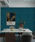 Dope Blue Gold Geometric Peel And Stick Wallpaper Roll Removable Self Adhesive Contact Paper For Walls Counters Cabinets Furniture Vinyl Film 17.3 X 393.7 Inches Easy Install in modern dining room.