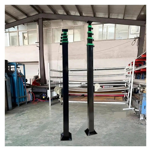 Breezy Raise Ironclad Square Steel Hand Crank Telescopic Mast Six Meter Antenna Pole for Satellite Dish and CCTV Surveillance Rig displayed in a workshop.