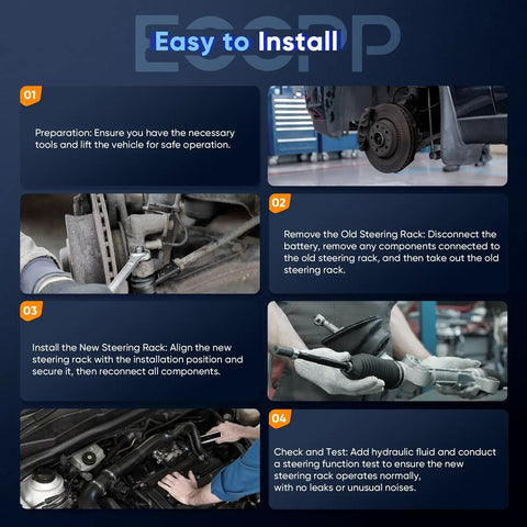 Step-by-step installation guide for Hydraulic Power Steering Rack and Pinion Assembly with 2 Tie Rod Ends.