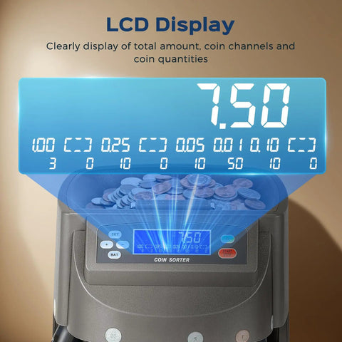 Smooth As Butter Coin Counter And Sorter Machine For All USD Currency displaying LCD screen showing coin amounts and denominations.