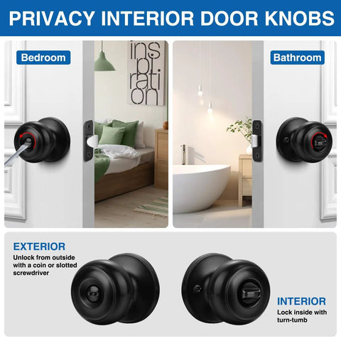 Matte Black Privacy Door Knobs 10 Pack Round Keyless Lockset For Bedroom And Bathroom Doors Interior And Exterior Use Modern Door Hardware