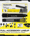 90mm Aperture Telescope With 700mm Focal Length, Go-To Pro Level Beginner Kit, accessories and packaging displayed