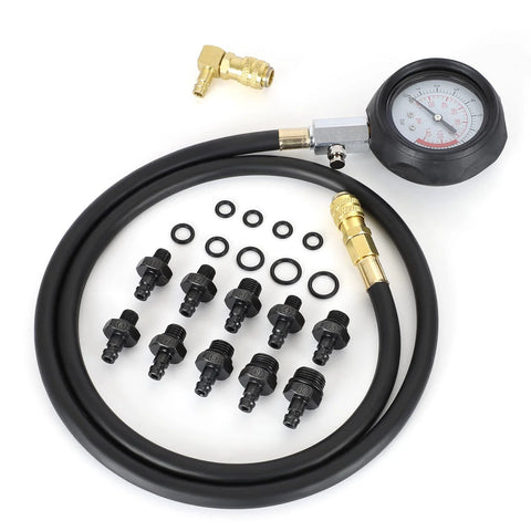 QUNNIE oil pressure tester kit with 0–140 PSI gauge, flexible hose, brass adapters, and numerous black fittings.