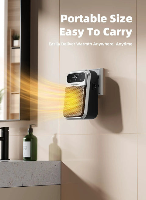 Plug In Space Heater With Remote And 180 Degree Rotating Plug on bathroom wall outlet, LED display visible.