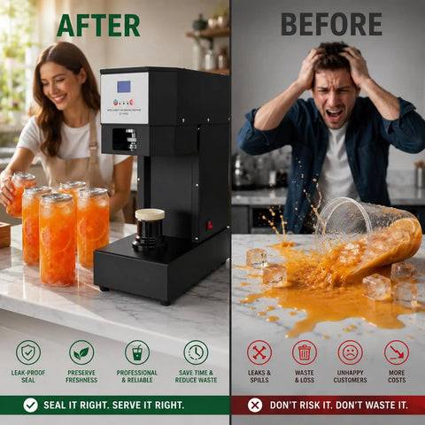 Heavy Duty Commercial Can Sealer With Three Adapters For Aluminum And Pet Cans Boasting A Tough Two Hundred Fifty Watt Motor sealing jars on a countertop.