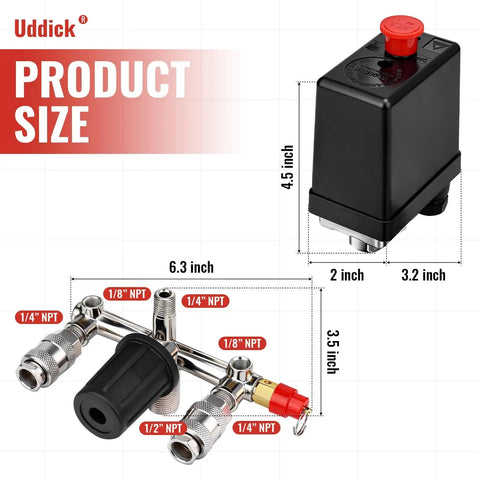 Beefy Workhorse Air Compressor Pressure Switch With Gauge Regulator And Regulating Valve Manifold with dimensions.