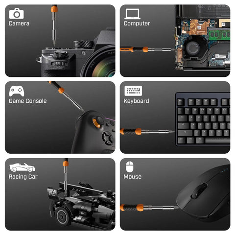 Ratcheting Screwdriver Set With Magnetic Case, 56 Piece Multi Bit Tool Kit in use with camera, computer, game console, and keyboard.