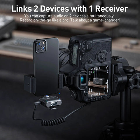 2-Person Wireless Lavalier Microphone System For iPhone, Cam, And Android with 40 Hour Battery Life on dual device setup
