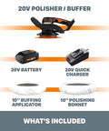 Image of 20V Cordless 10-Inch Polisher And Buffer For Auto Detailing with accessories including 20V battery and charger, buffing applicator, polishing bonnet.