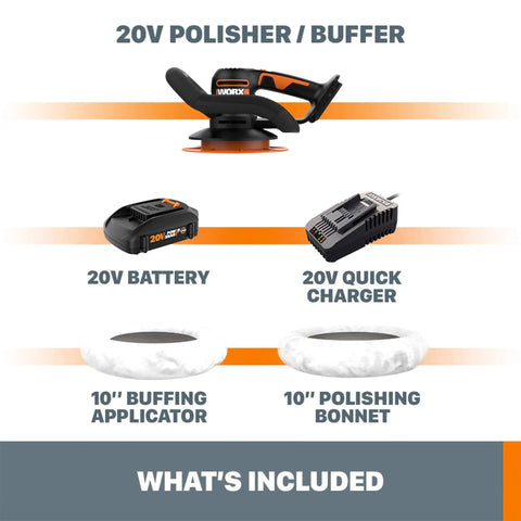 Image of 20V Cordless 10-Inch Polisher And Buffer For Auto Detailing with accessories including 20V battery and charger, buffing applicator, polishing bonnet.