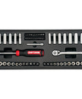 Top view of 104 Piece Pro Grade Mechanic Tool Set With 20.5 Inch Rollaway Box And 3-Compartment Chest, featuring chrome sockets and ratchet.