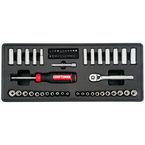 Top view of 104 Piece Pro Grade Mechanic Tool Set With 20.5 Inch Rollaway Box And 3-Compartment Chest, featuring chrome sockets and ratchet.