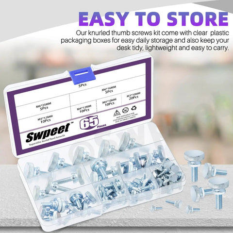 Top Shelf 65 Piece Zinc Plated Knurled Thumb Screws Assortment Kit With M3 M4 M5 M6 M8 Sizes in clear storage box for easy organization.