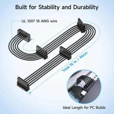2-Pack SATA Power Splitter Cable 1 to 4, 18 AWG, 18 Inches Expand a Single PSU SATA Port to Four Drives for HDDs, SSDs, Optical Drives, and PCIe Devices black cable
