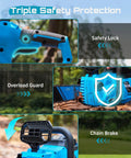Image of 40V 16 Inch Cordless Chainsaw With Brushless Motor Two 4Ah Batteries And Charger showing safety lock and chain brake features.