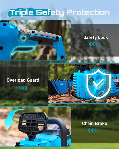 Image of 40V 16 Inch Cordless Chainsaw With Brushless Motor Two 4Ah Batteries And Charger showing safety lock and chain brake features.