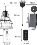 Solar Pendant Lights With Pull Cord And Remote For Outdoor Indoor Use showing dimensions and components like solar panel and remote.