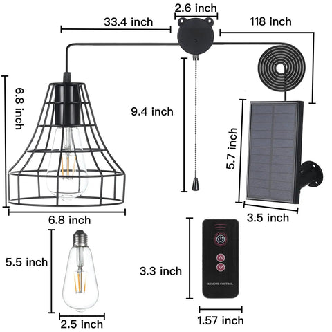 Dimensions and components of Solar Glass Pendant Light Outdoor Hanging Lamp With Remote Control No Wiring Needed Adjustable Solar Panel Waterproof Garden Patio Yard Pathway Decor Easy Install And Energy Saving Night Lighting For Outdoor Spaces.