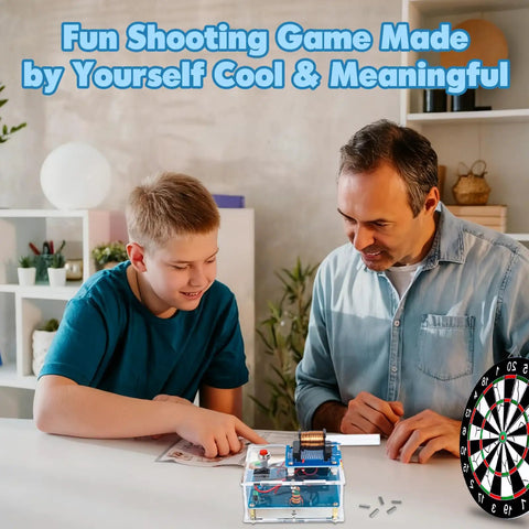 Father and son assembling Electric Magnetic Transmitter Soldering Practice Kit For STEM Learning, DIY Mini Shooting Game Kit.