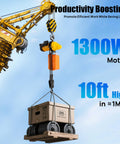 Heavy Duty Electric Chain Hoist With 2200 Lb Capacity And 10 Foot Lifting Height featuring a 1300W motor lifting a box 10ft high.