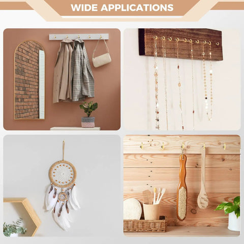 Gold Cup Hooks Set With 110 Pieces In Six Sizes for hanging coats, necklaces, dreamcatcher, and kitchen utensils in home space