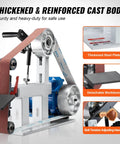Top Shelf 72X2 Inch Belt Grinder And Sander With Variable Speed Vfd Controls 1500W 2Hp Motor showcasing cast body and belt system.