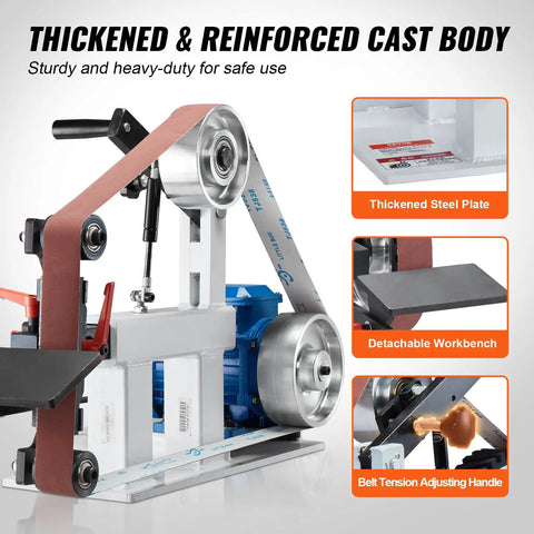 Top Shelf 72X2 Inch Belt Grinder And Sander With Variable Speed Vfd Controls 1500W 2Hp Motor showcasing cast body and belt system.