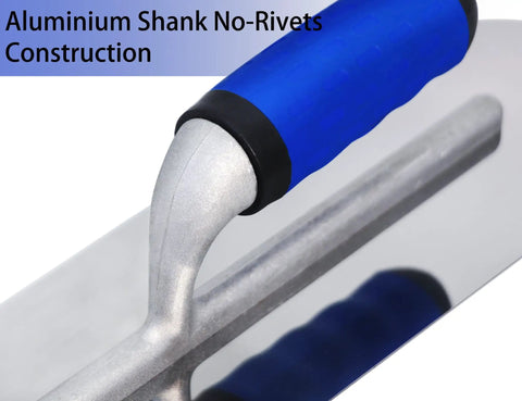 Close-up of a stainless steel trowel from All In One Pro Grade Concrete Tools Kit With Stainless Steel Trowels For Finishing Pool And Margin Work