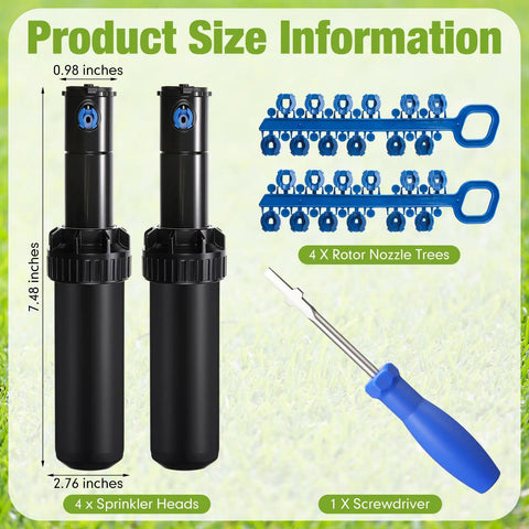 2 Pack In Ground Pop Up Sprinkler Heads Compatible With Rain Bird 5000 Series Gear Drive Rotors sizing info with nozzles and screwdriver.