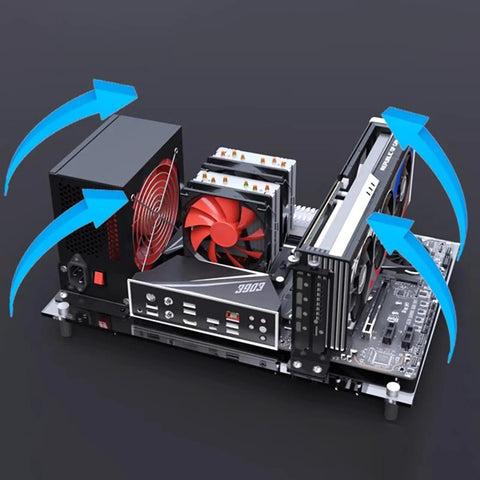 Open Frame Case Test Bench For DIY Builds Fits ATX Micro ATX ITX Motherboards Clear Organic Glass Frame Open Chassis shown with cooling setup