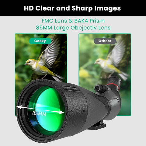 Birding Spotting Scope With Full Size Tripod For Bird Watching And Wildlife Viewing 20 To 60x85 Magnification 85mm Objective Lens Top Notch Optics Durable Build Easy Setup For Nature Lovers, 85mm lens detail
