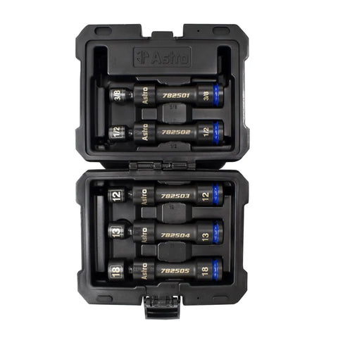 Heavy Duty Half Inch Drive 12 Point Pinless Driveline Impact Socket Set features two-tiered case with universal joint sockets.