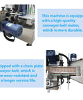 Top Shelf Fully Automatic Round Bottle Labeling Machine With Snappy Touch Screen And Rock Solid Auto Correction For Fast Hassle Free Industrial Packaging motor and chain plate conveyor belt close-up.