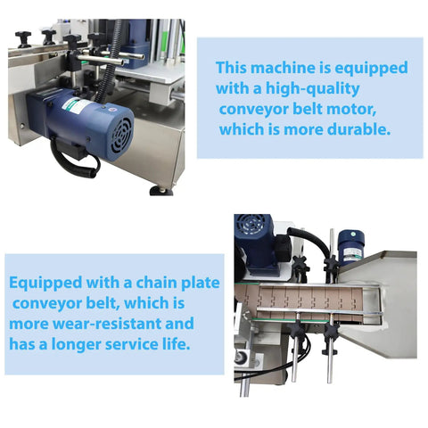 Top Shelf Fully Automatic Round Bottle Labeling Machine With Snappy Touch Screen And Rock Solid Auto Correction For Fast Hassle Free Industrial Packaging motor and chain plate conveyor belt close-up.
