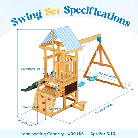 Specifications of Backyard Wooden Swing Set For Kids And Toddlers With All In One Design Awesome Dual Swings Slide Rock Climbing Wall