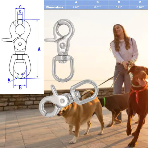 Close-up of two 2.65-inch stainless steel swivel trigger snap hooks (lobster claw clasps) for pet leashes