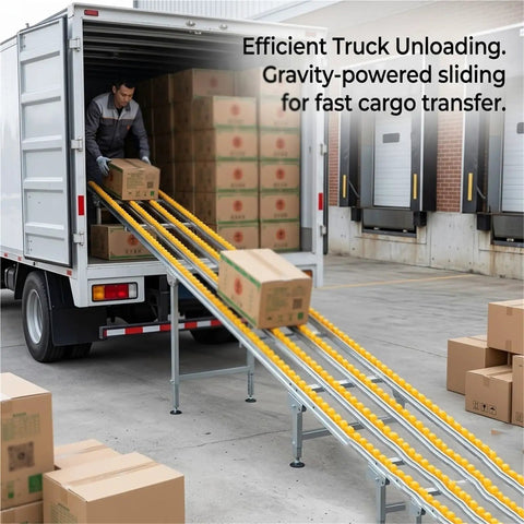 Heavy Duty Gravity Roller Conveyor, Premium Stainless Steel Unloading Chute For Warehouse And Box Transfer moving boxes from truck.