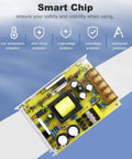 12V 5A 60W DC Power Supply Adapter For LED Strip Lights CCTV Security Cameras Radios Computers And DIY Projects Plug And Play No Frills Universal Input 110V-240V AC Regulated Switching Silent No Fan Aluminum Case smart chip PCB