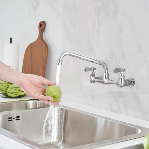 Beefy Workhorse Wall Mount Kitchen Faucet with 8 Inch Swivel Spout Dual Handle Chrome Industrial Mixer Tap for Restaurant Laundry and Utility Sink Rugged Design and Easy DIY Install in use