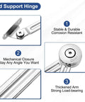Heavy Duty Gas Struts Lid Support Hinge 200N Adjustable Damper For Soft Close Lids Pneumatic Lid Stay with three close-up views