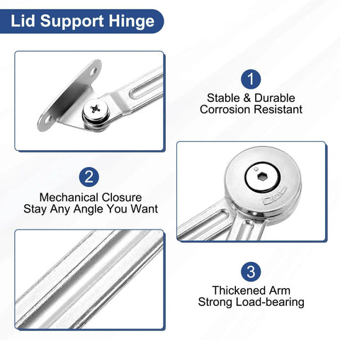 Heavy Duty Gas Struts Lid Support Hinge 200N Adjustable Damper For Soft Close Lids Pneumatic Lid Stay with three close-up views