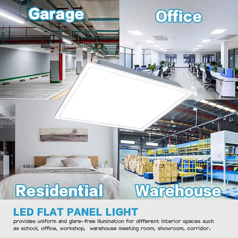 2x2 Foot LED Flat Panel Light 40W Dimmable 0 to 10V Backlit Drop Ceiling Troffer Fixture 4000 Lumens 5000K Daylight in various settings