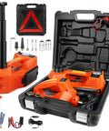 Electric Car Jack 5 Ton Hydraulic Floor Jack With Electric Impact Wrench Tire Inflator And LED Light Fast Lift From 6.1 To 17.7 Inches Emergency Roadside Tire Changing Kit For SUV Sedan Truck in black and orange case with accessories.
