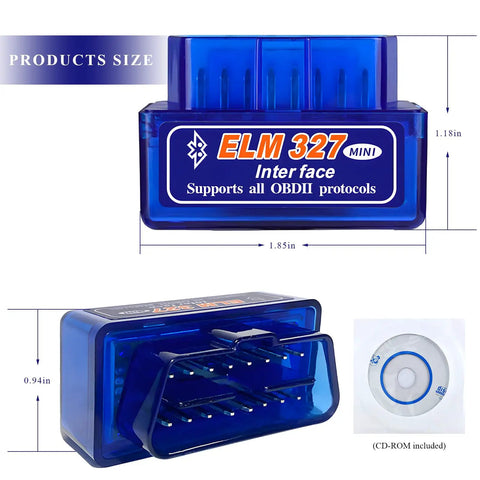 ELM327 OBDII Car Diagnostic Scanner With Bluetooth Pro Auto Code Reader dimensions and CD-ROM included